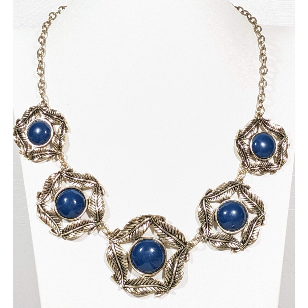 Boho Coastal Blue Bubble‎ Cabochon Leaf Statement Necklace Bold Chunky 21 in